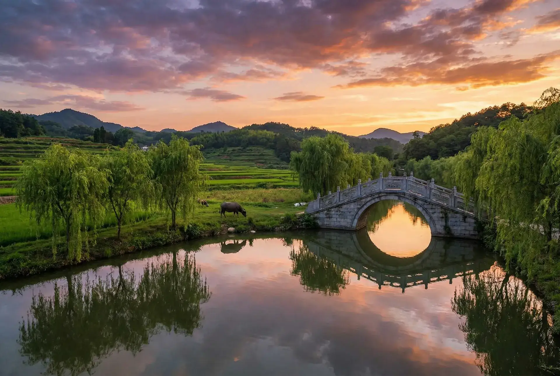 夕阳下的石拱桥与垂柳，水牛在河边吃草 - 剧烈运动打扑克高清视频 乡村美景